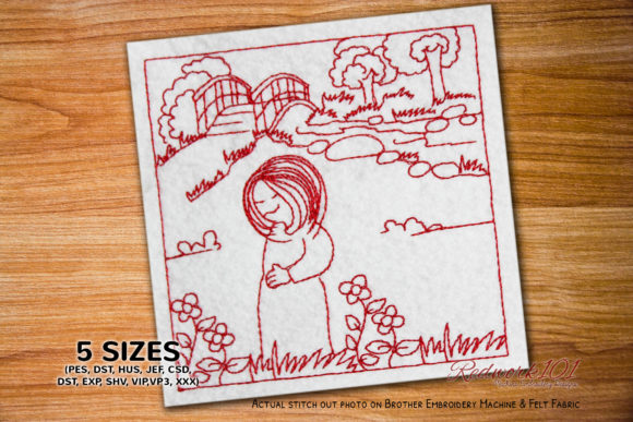 A Garden of Possibilities: The Girl Looking Flowers Redwork